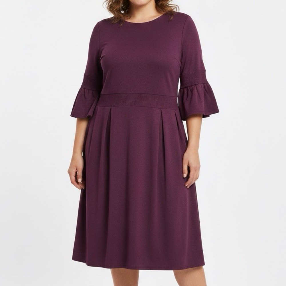Jessica London Plum purple Bell Sleeve Pleated A-Line Dress‎ Plus Size 14W